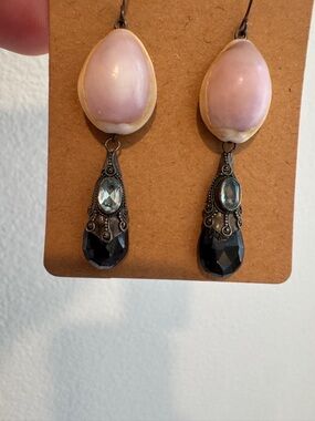Handmade in Hawaii Kauai Pink Cowrie Shell  Blue Topaz Dangle Earrings